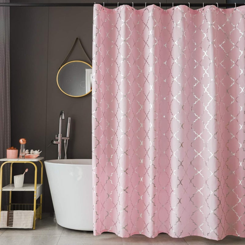 FINECITY Pink Shower Curtain 72 Inch Length - Metallic Silver Foil Geometric Moroccan Tile Printed on Soft Sanded Fabric, Grommet Shower Curtain Set with 12 Hooks, 72 x 72 Inch, Pink and Silver - Image 1